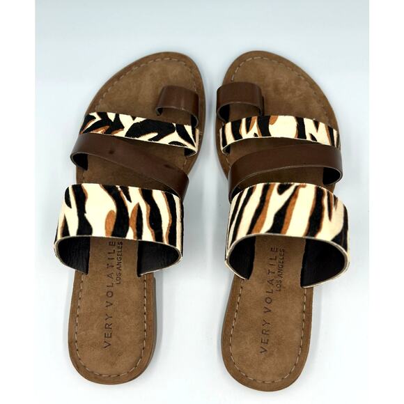 Real Leather Flats Animal Print Toe Loop Very Volatile Jenika Sandals Brown s 8 - Picture 7 of 14